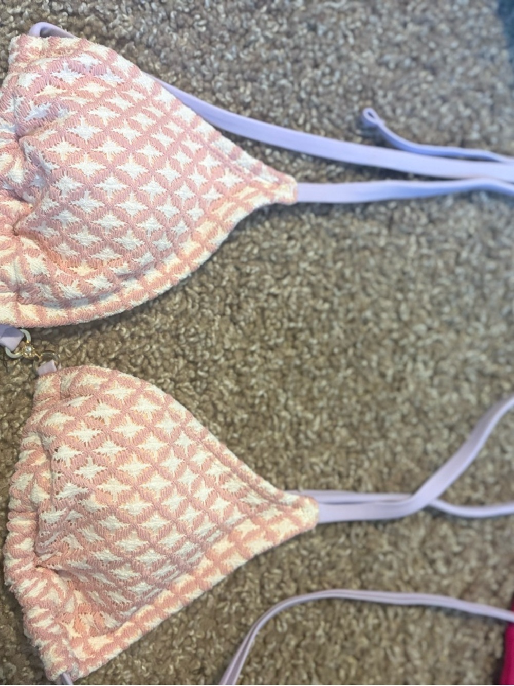 Textured Pink and Cream Triangle Bikini Top with Lilac Straps